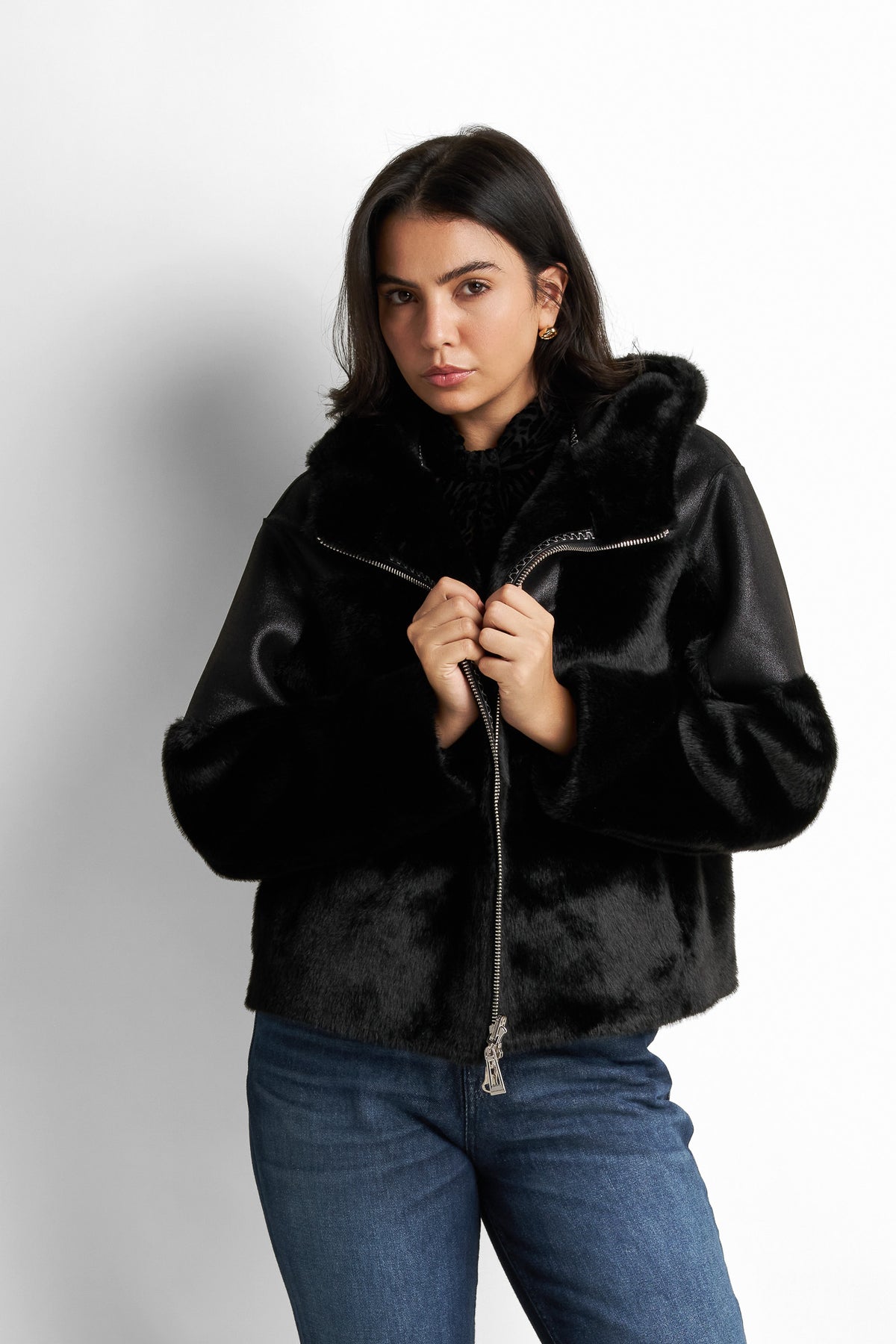 Shearling-trimmed faux-leather jacket