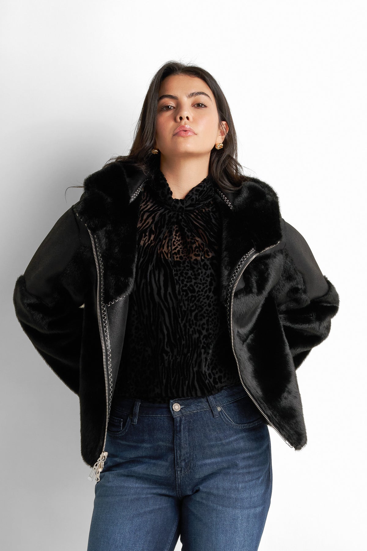 Shearling-trimmed faux-leather jacket