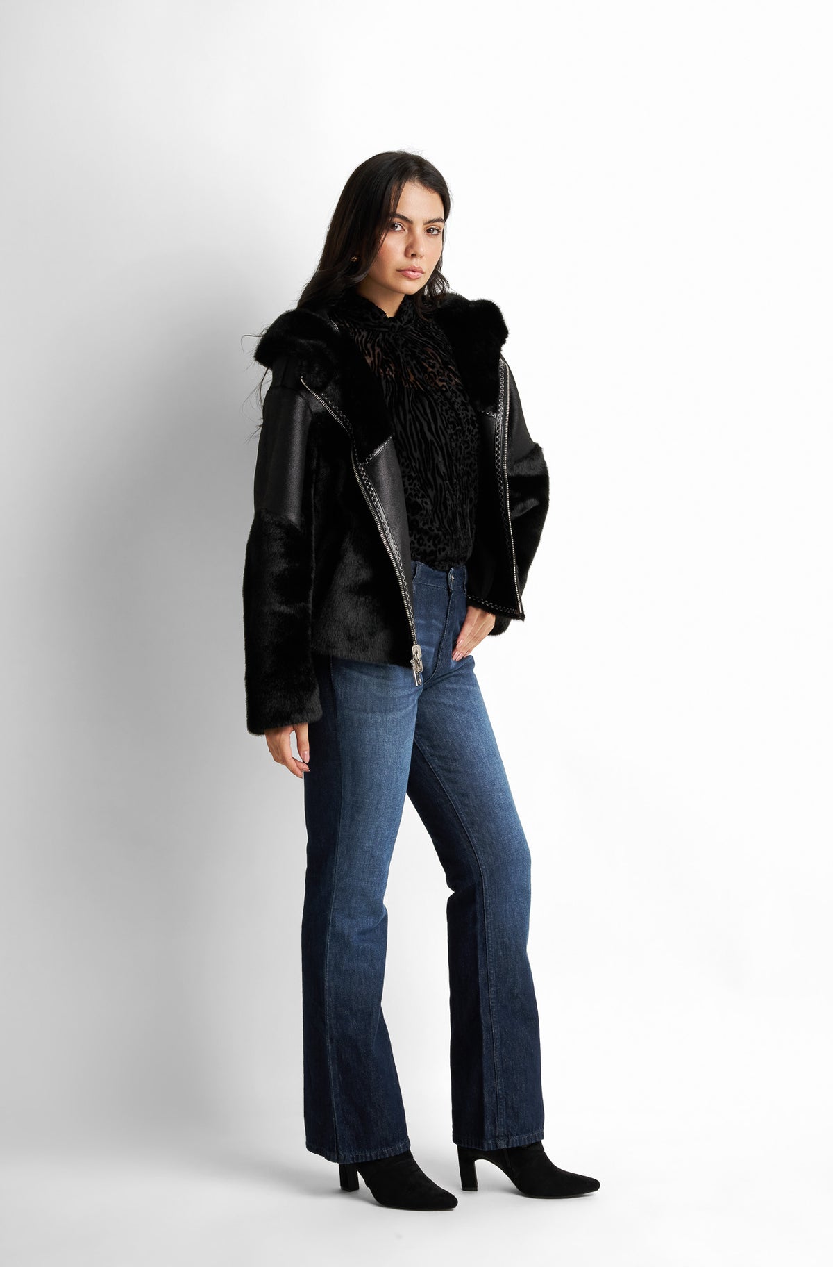 Shearling-trimmed faux-leather jacket