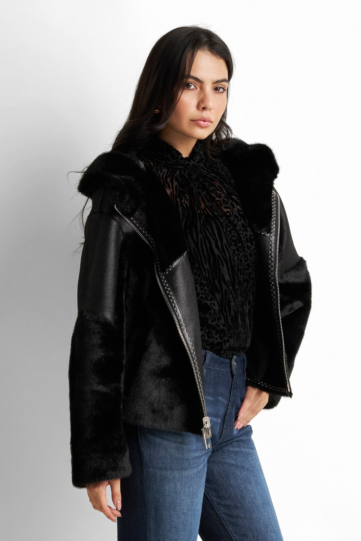 Shearling-trimmed faux-leather jacket