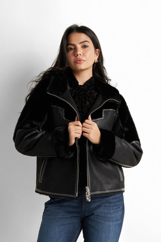 Shearling-trimmed faux-leather jacket