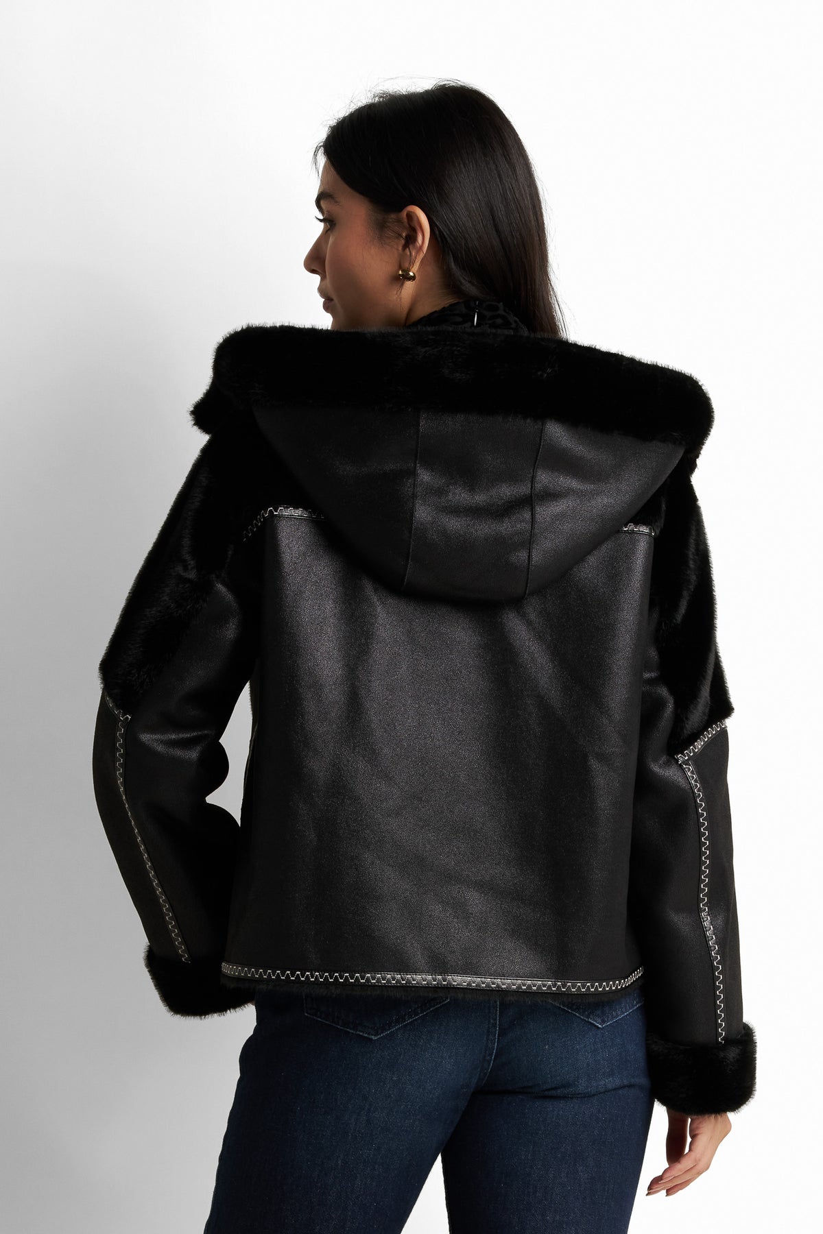 Shearling-trimmed faux-leather jacket
