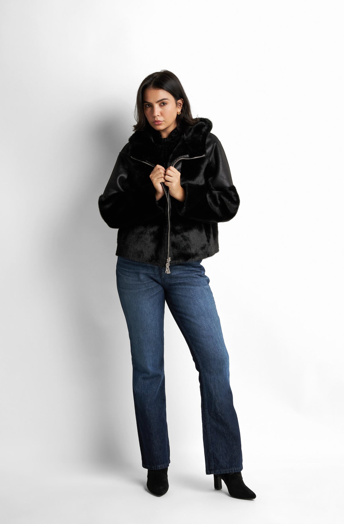 Shearling-trimmed faux-leather jacket