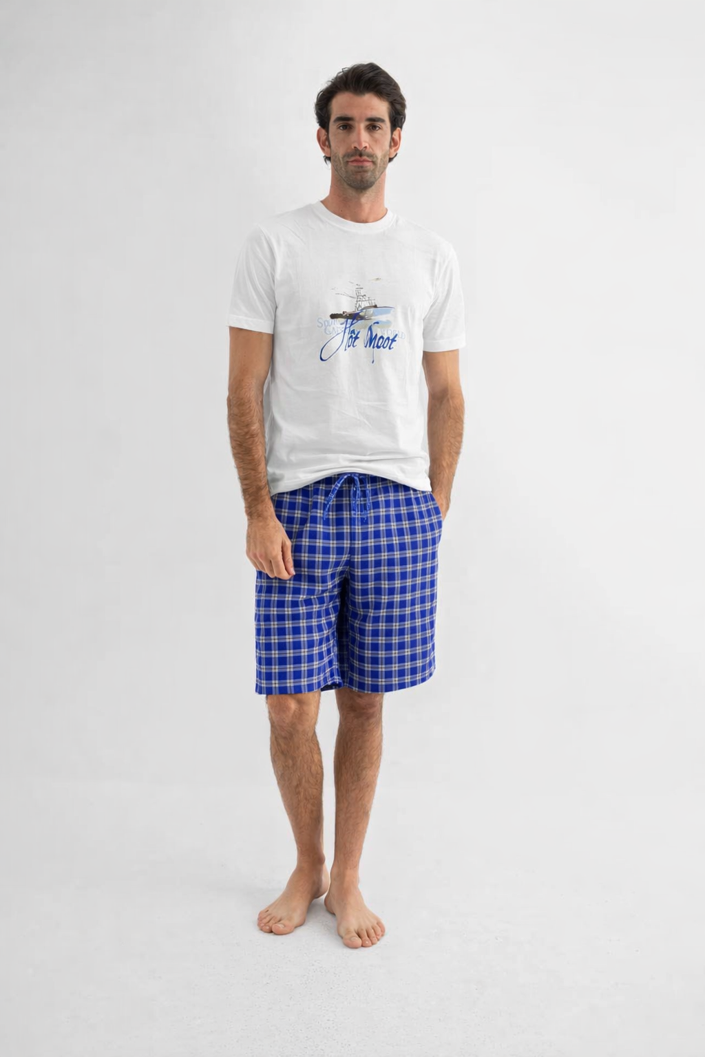 بيجامة قطن بطبعة مع شورت كاروهات