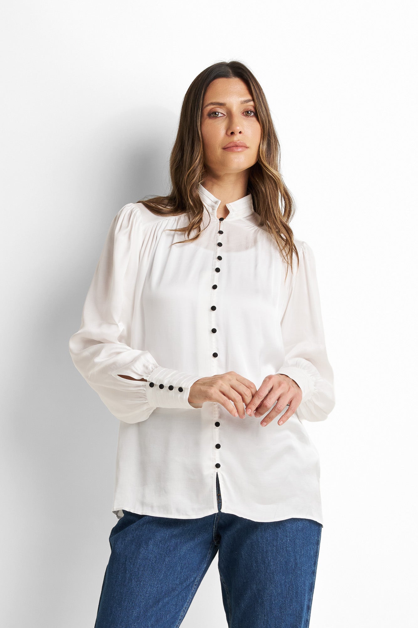 asymmetry button-up blouse, long sleeves