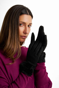 Faux Fur Trim Gloves - Black