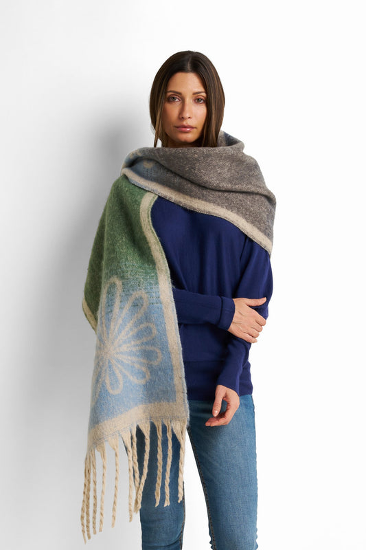 color-block floral fringe scarf