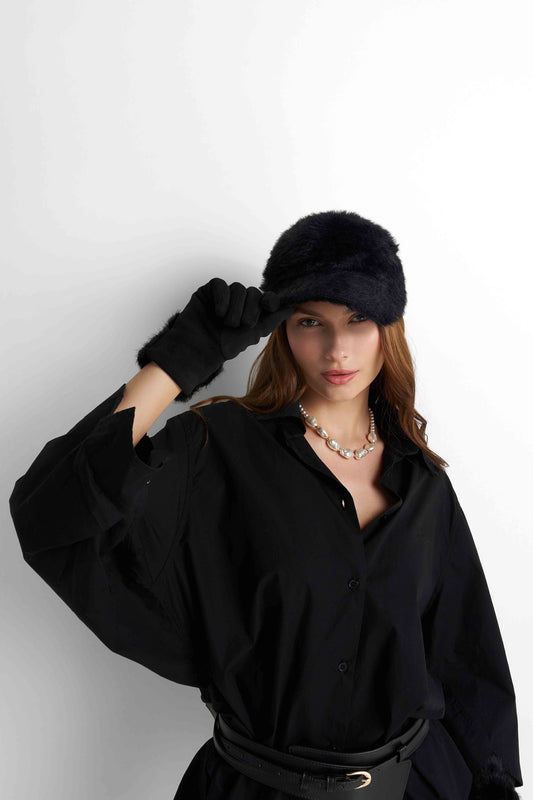 Faux Fur Earflap Cap - Black