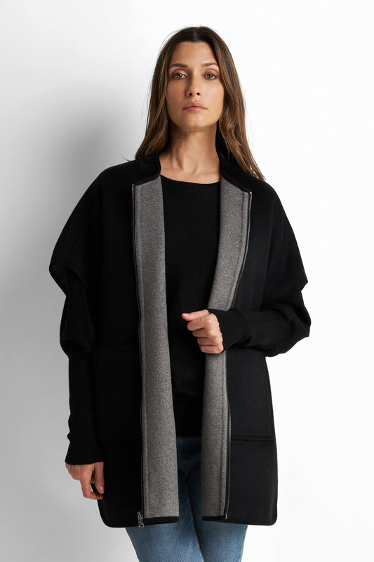 Contrast-trimmed zip-front poncho cape