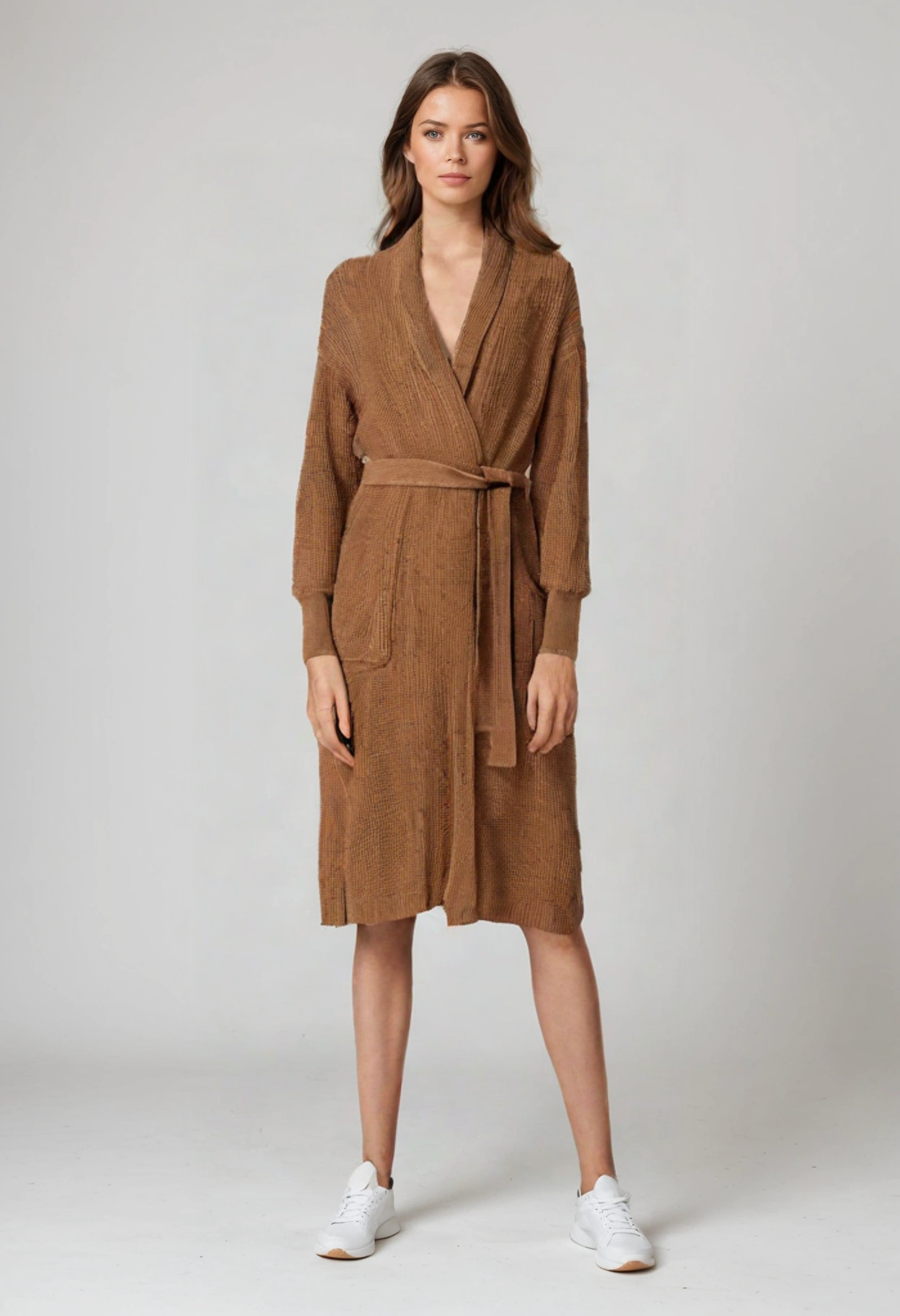 Women Long Cardigan with Belt - Brown