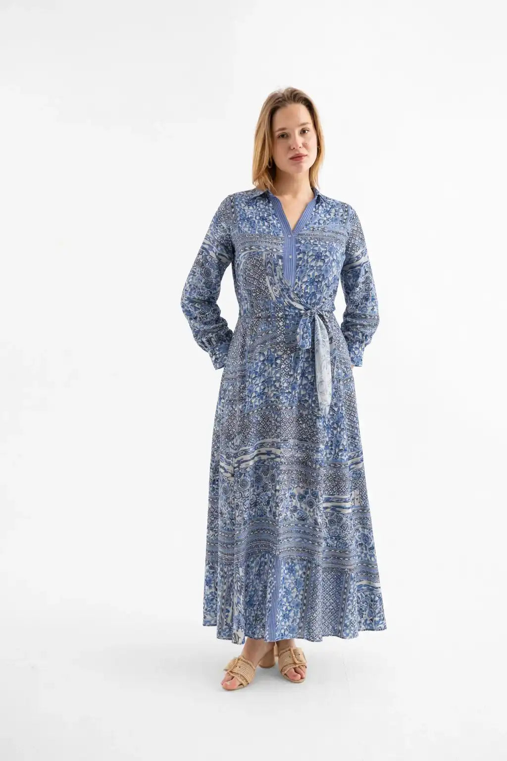 Blue Patchwork Print Viscose Maxi Dress