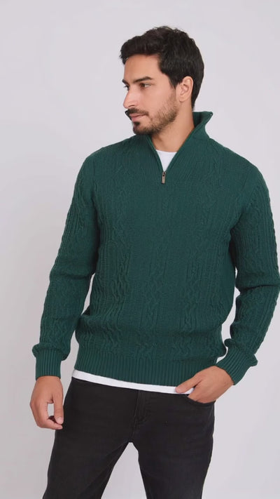 Men Pullover Mock Neck Zipper Cable Green